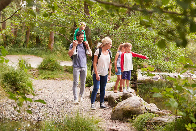Familia explorando en el bosque
